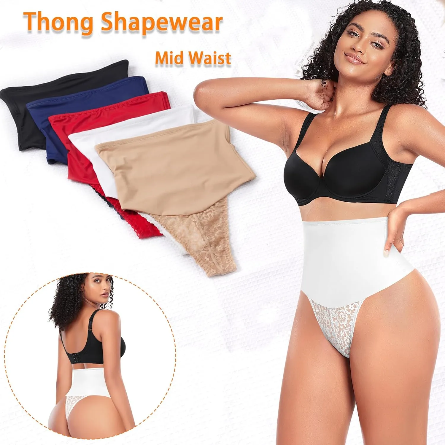 Werena Tummy Control Thong Shapewear for Women Mid High Waisted Body Shaper Underwear Lace Shaping Thong Girdle Panties