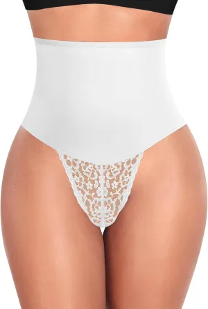 Werena Tummy Control Thong Shapewear for Women Mid High Waisted Body Shaper Underwear Lace Shaping Thong Girdle Panties
