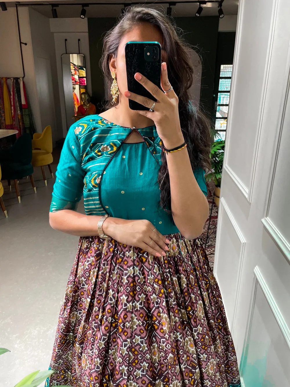 Wine Color Patola Paithani Printed And Foil Printed Dola Silk Gown