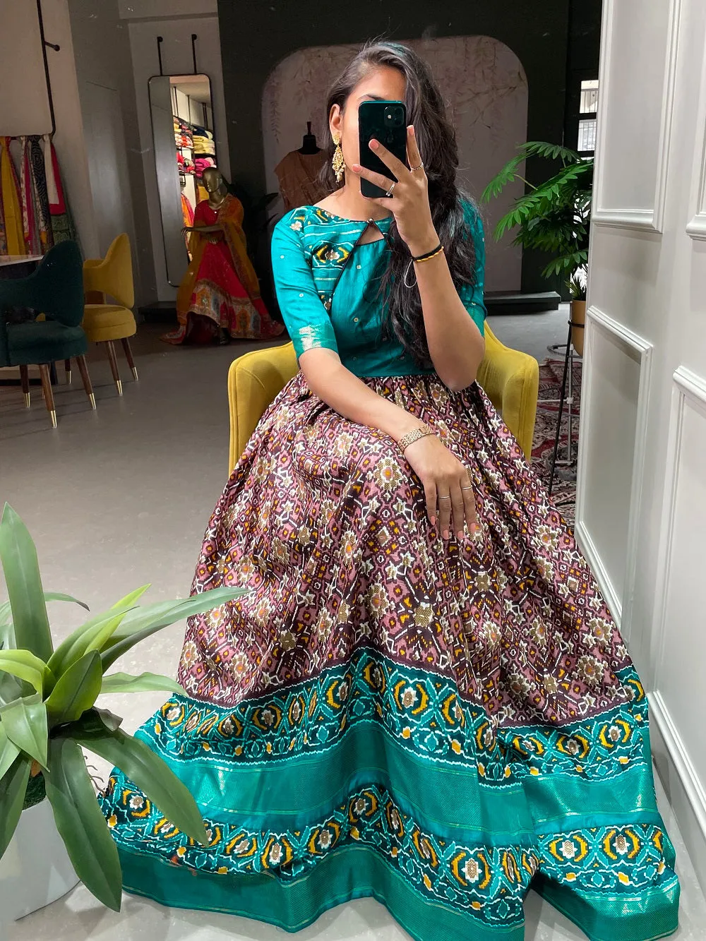 Wine Color Patola Paithani Printed And Foil Printed Dola Silk Gown