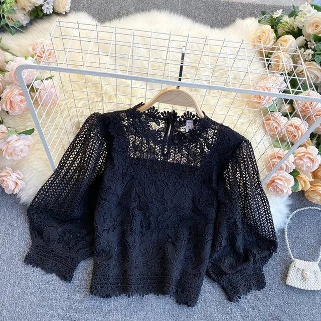 Women Floral Lace Blouse Crop Top Hollow Out Short Puff Sleeve