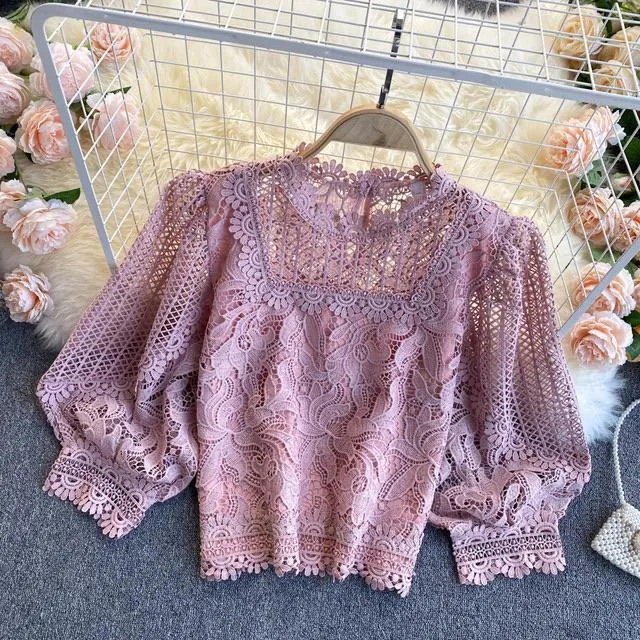 Women Floral Lace Blouse Crop Top Hollow Out Short Puff Sleeve