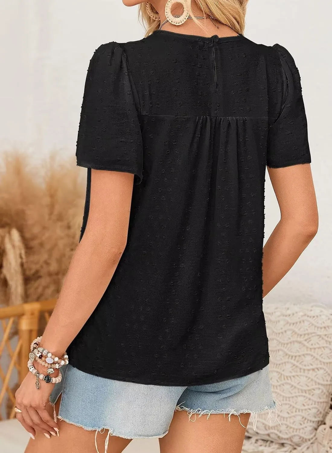 Womens Summer Tops Boho Crewneck Short Sleeve Shirts Floral Crochet Chiffon Blouses Flowy Casual Swiss Dot Clothing