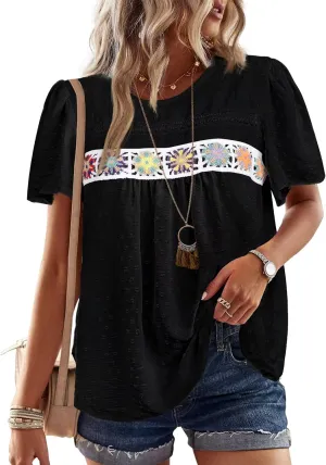 Womens Summer Tops Boho Crewneck Short Sleeve Shirts Floral Crochet Chiffon Blouses Flowy Casual Swiss Dot Clothing