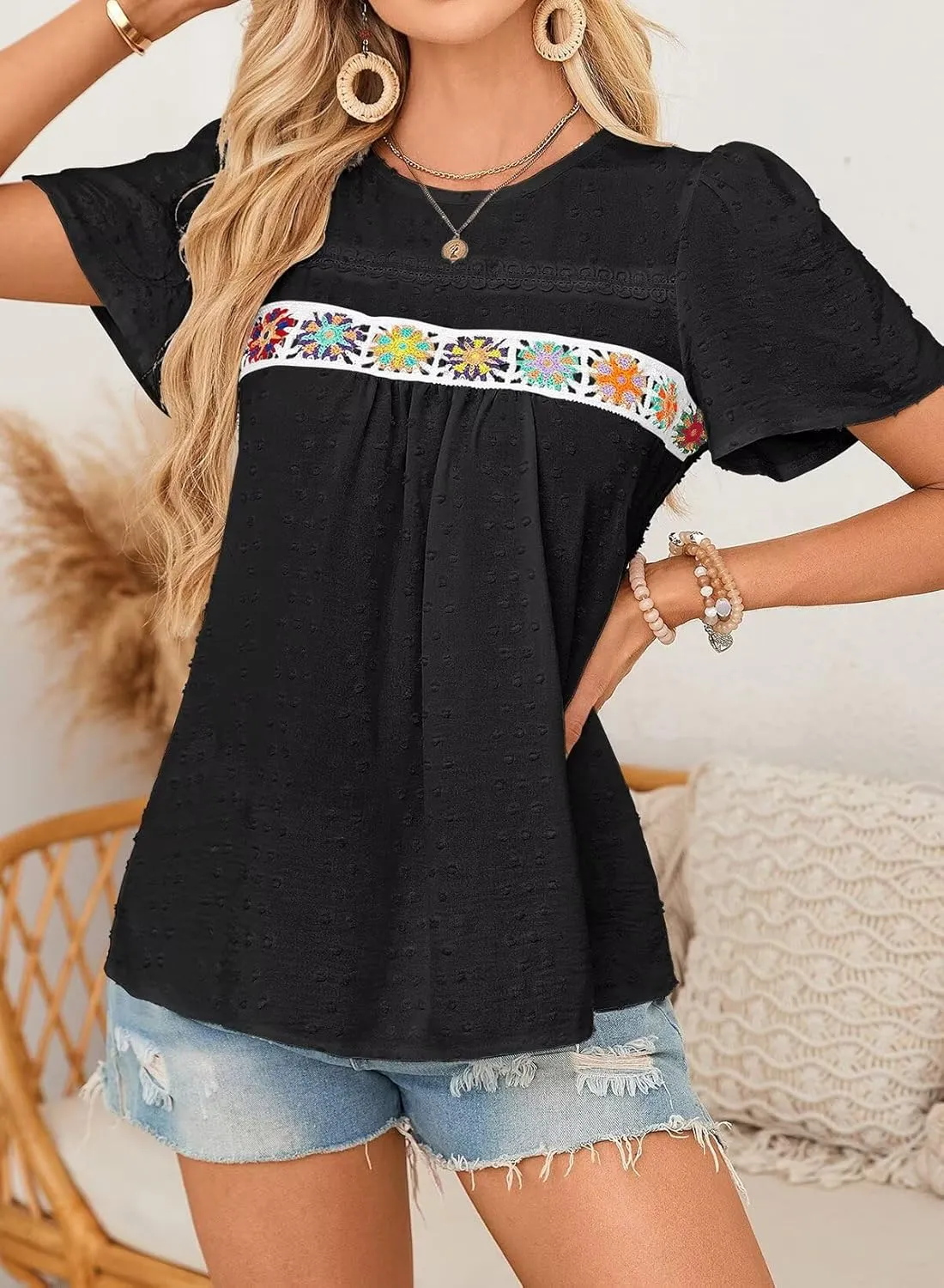 Womens Summer Tops Boho Crewneck Short Sleeve Shirts Floral Crochet Chiffon Blouses Flowy Casual Swiss Dot Clothing