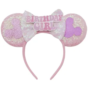 XINXIYAN Mouse Ears Headbands for Women Glitter Sequin Mouse Ears Bow Headband Birthday Party Princess Decoration (Pink Birthday)