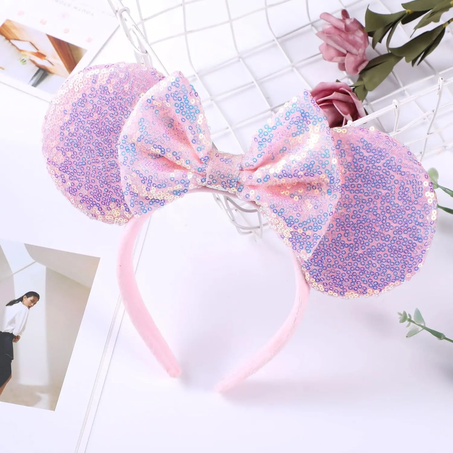 XINXIYAN Mouse Ears Headbands for Women Glitter Sequin Mouse Ears Bow Headband Birthday Party Princess Decoration (Pink, one size)