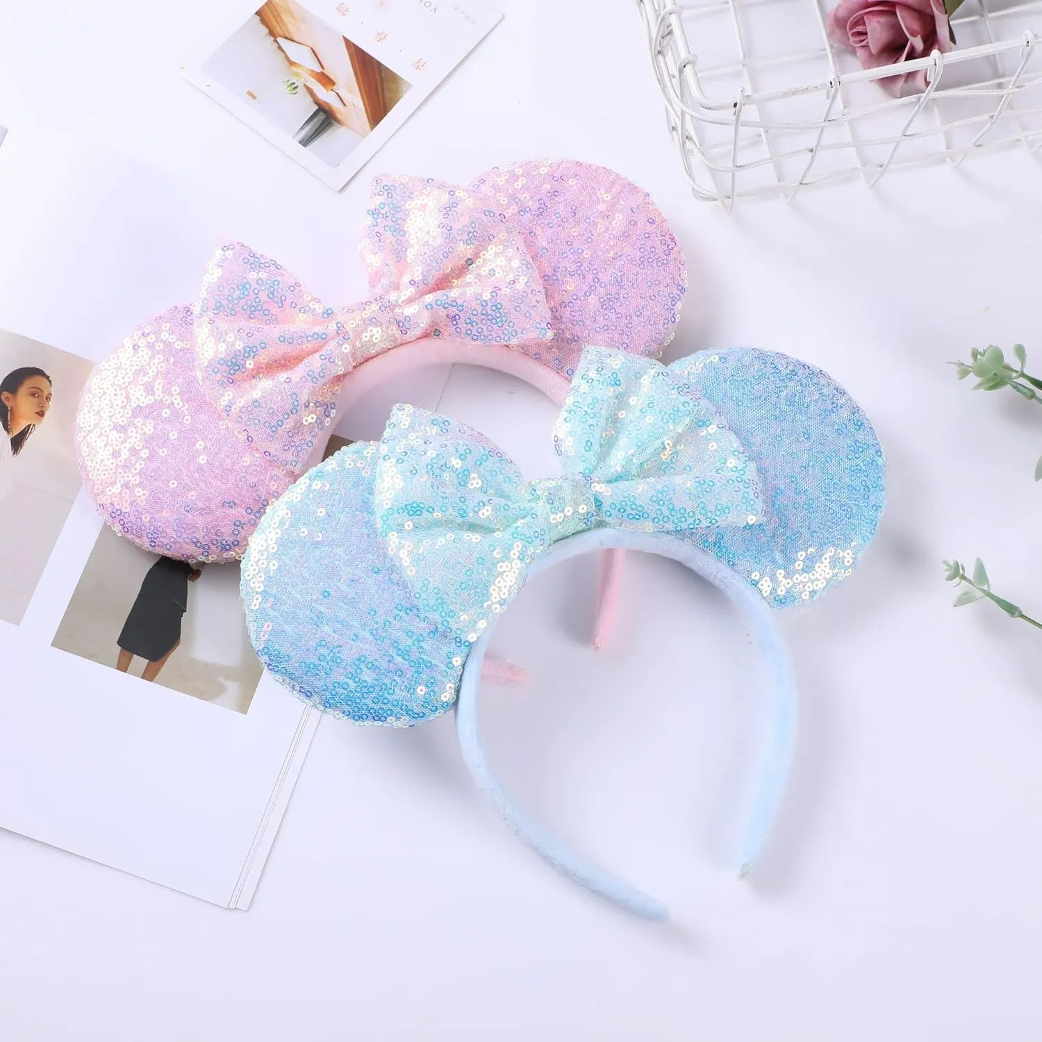 XINXIYAN Mouse Ears Headbands for Women Glitter Sequin Mouse Ears Bow Headband Birthday Party Princess Decoration (Pink, one size)