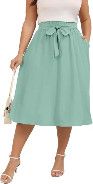 Xpenyo Womens Plus Size Midi Skirts Summer Elastic High Waisted Boho Casual Beach Flowy Swing Knee Length Skirts with Pockets