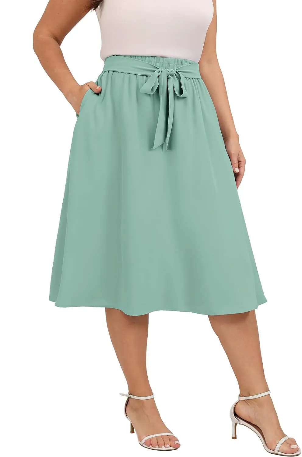 Xpenyo Womens Plus Size Midi Skirts Summer Elastic High Waisted Boho Casual Beach Flowy Swing Knee Length Skirts with Pockets