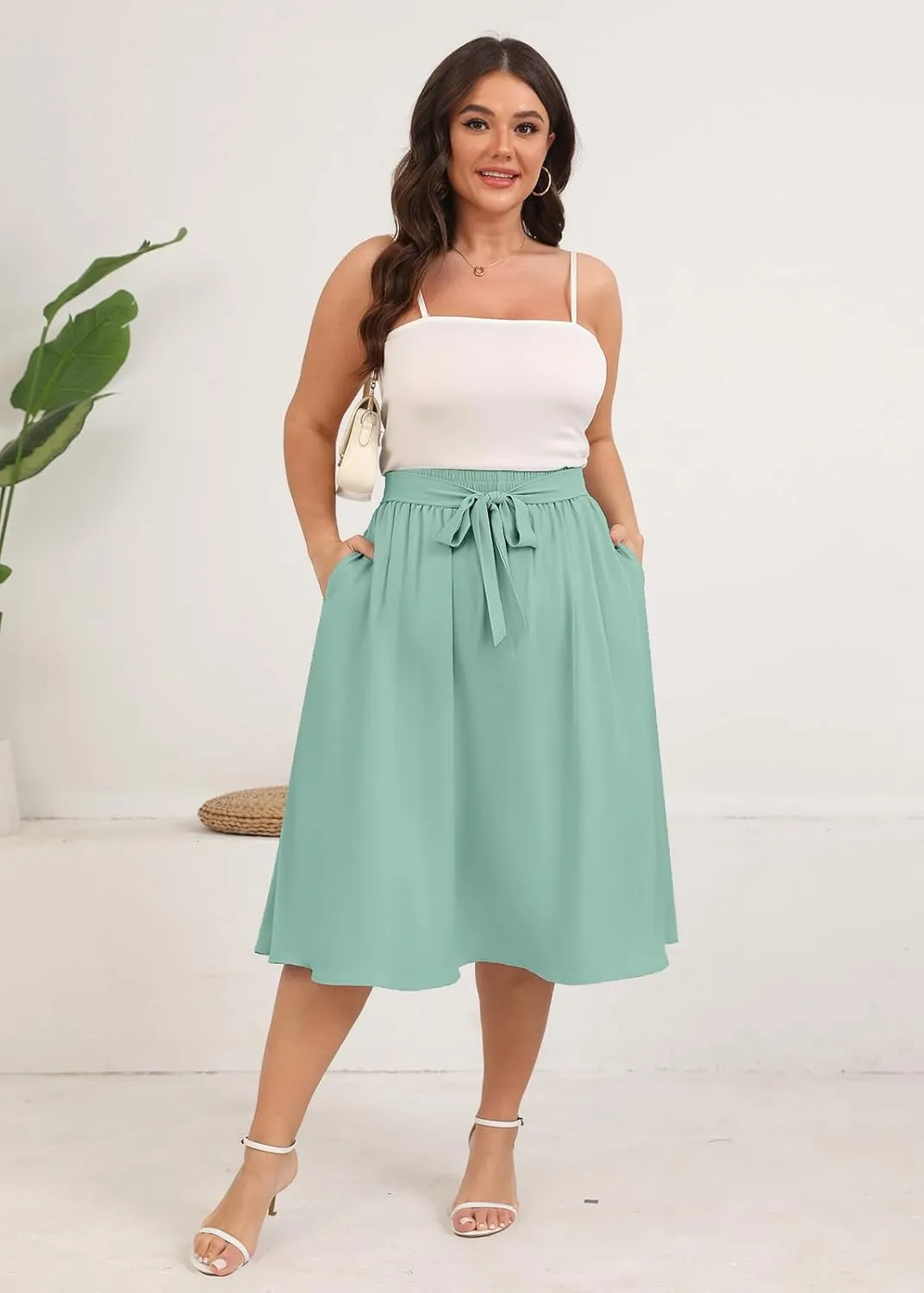 Xpenyo Womens Plus Size Midi Skirts Summer Elastic High Waisted Boho Casual Beach Flowy Swing Knee Length Skirts with Pockets