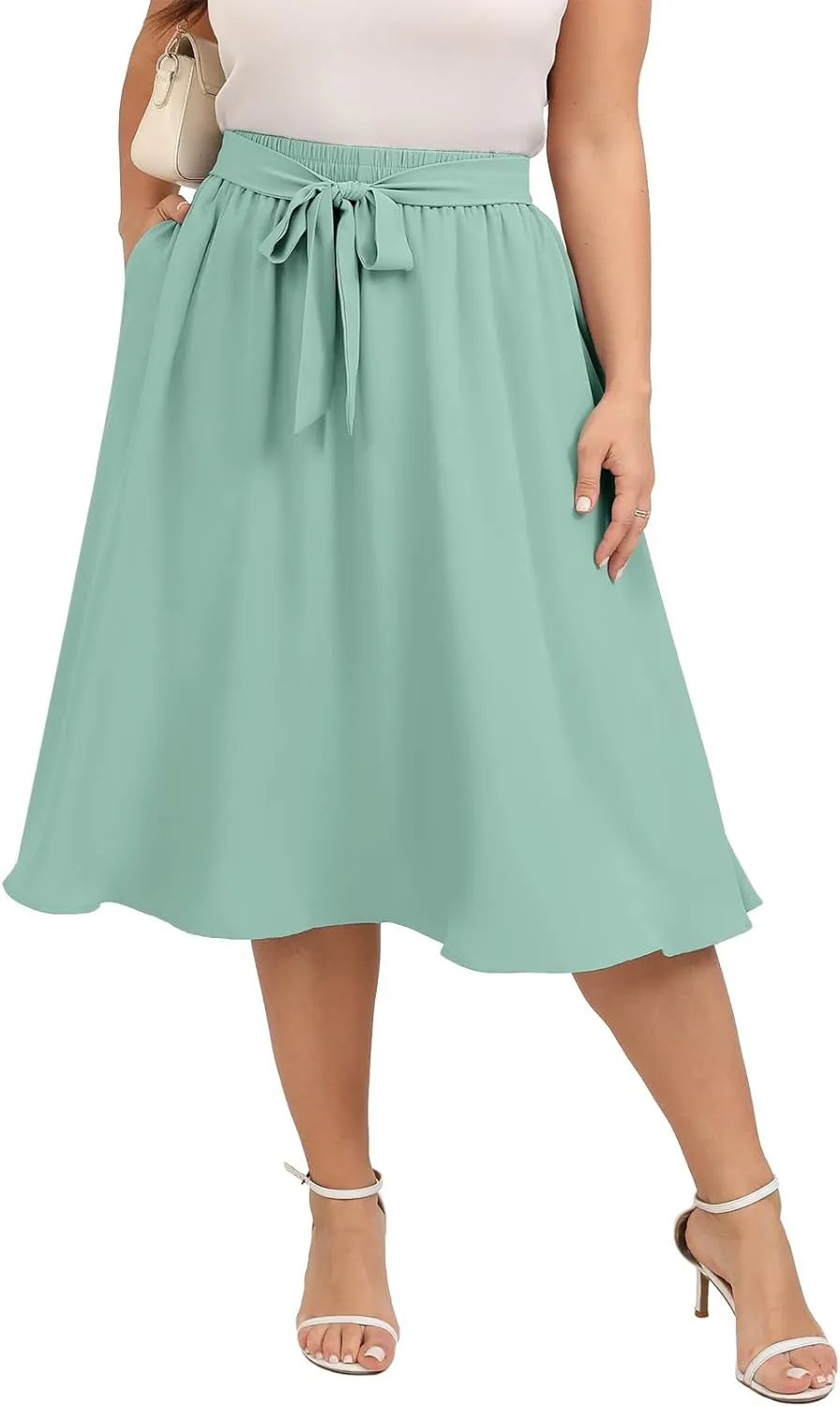 Xpenyo Womens Plus Size Midi Skirts Summer Elastic High Waisted Boho Casual Beach Flowy Swing Knee Length Skirts with Pockets