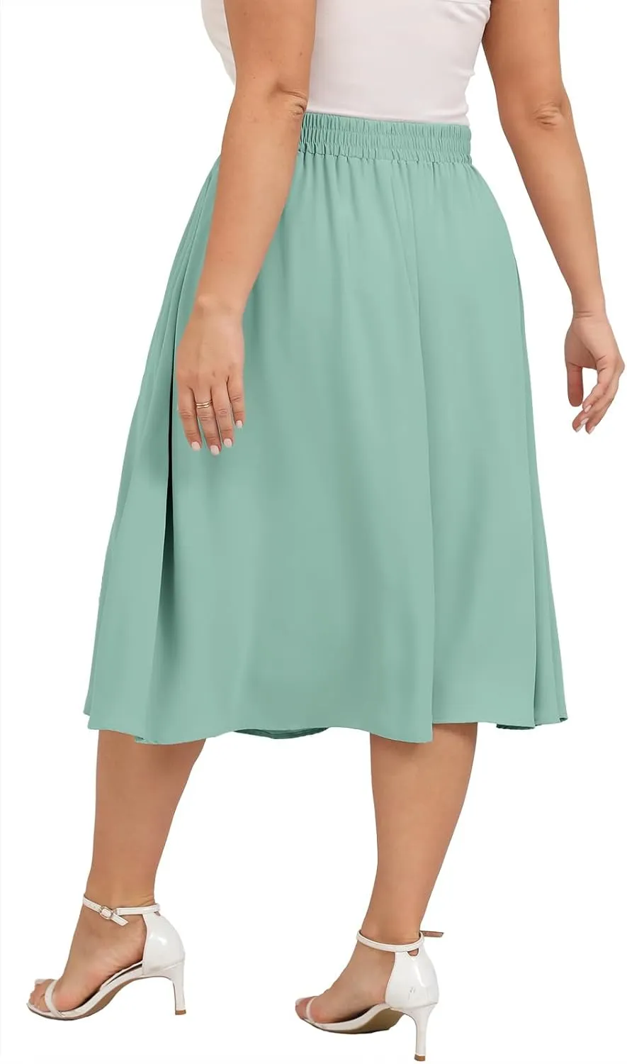 Xpenyo Womens Plus Size Midi Skirts Summer Elastic High Waisted Boho Casual Beach Flowy Swing Knee Length Skirts with Pockets