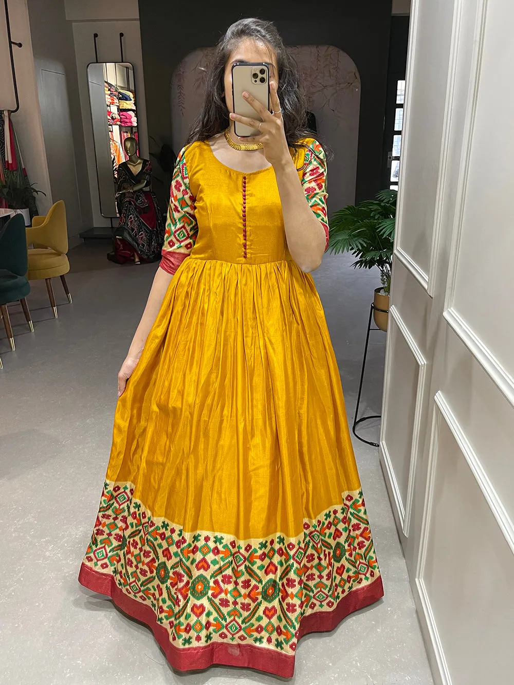 Yellow Color Foil Printed Dola Silk Gown