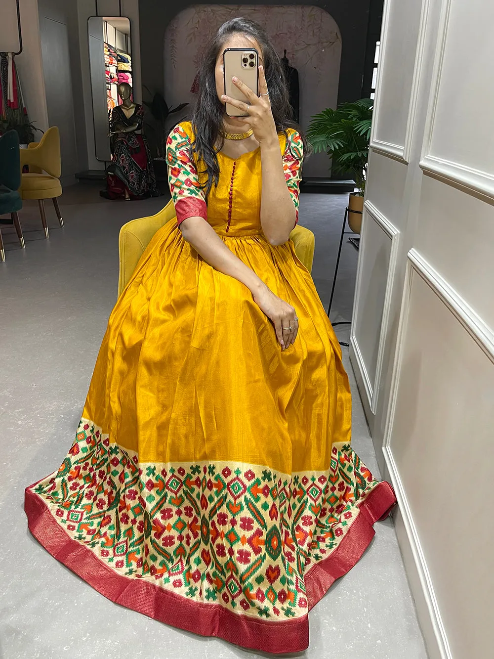Yellow Color Foil Printed Dola Silk Gown