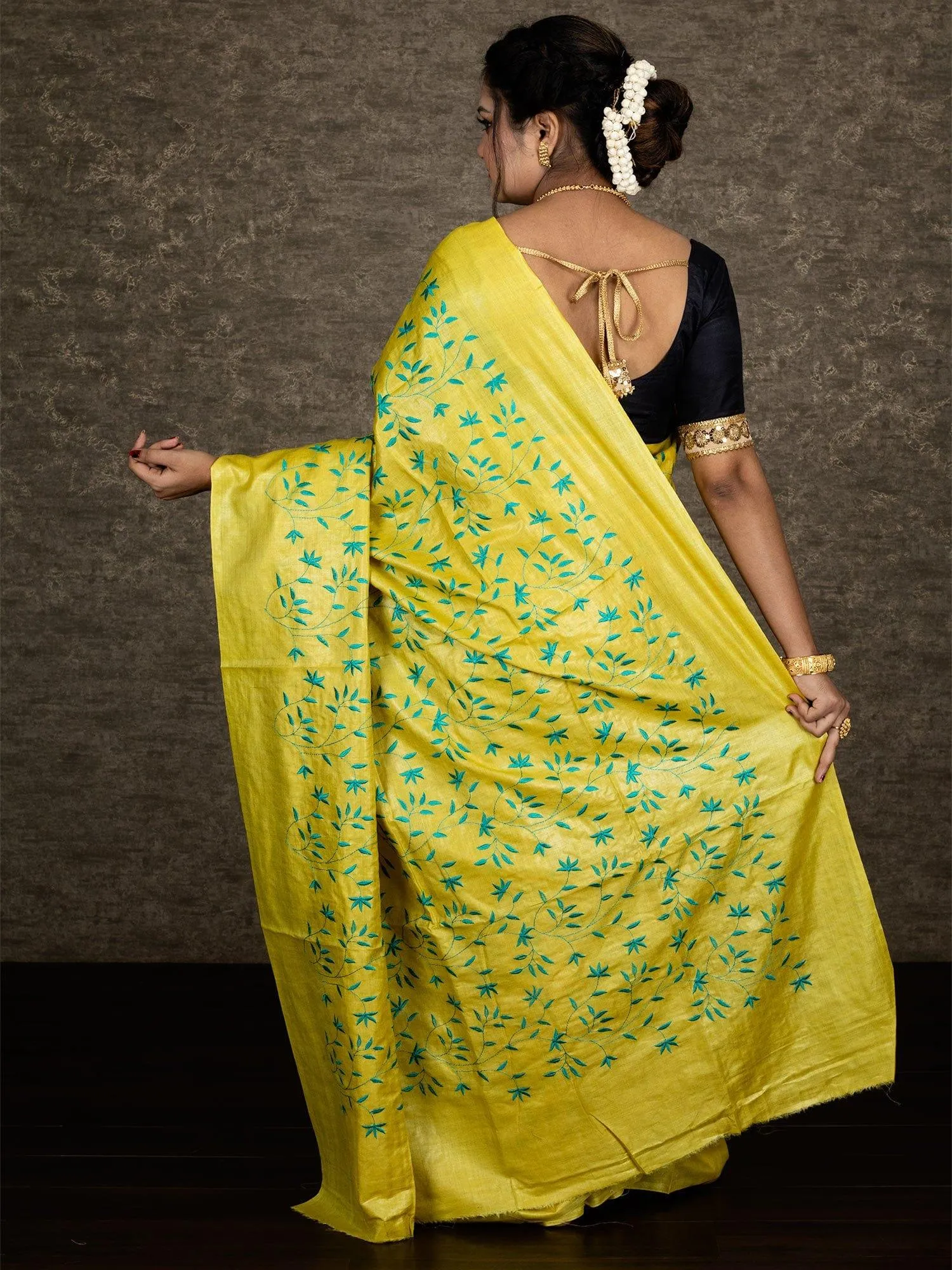 Yelow Allover Embroidered Tussar Silk Saree