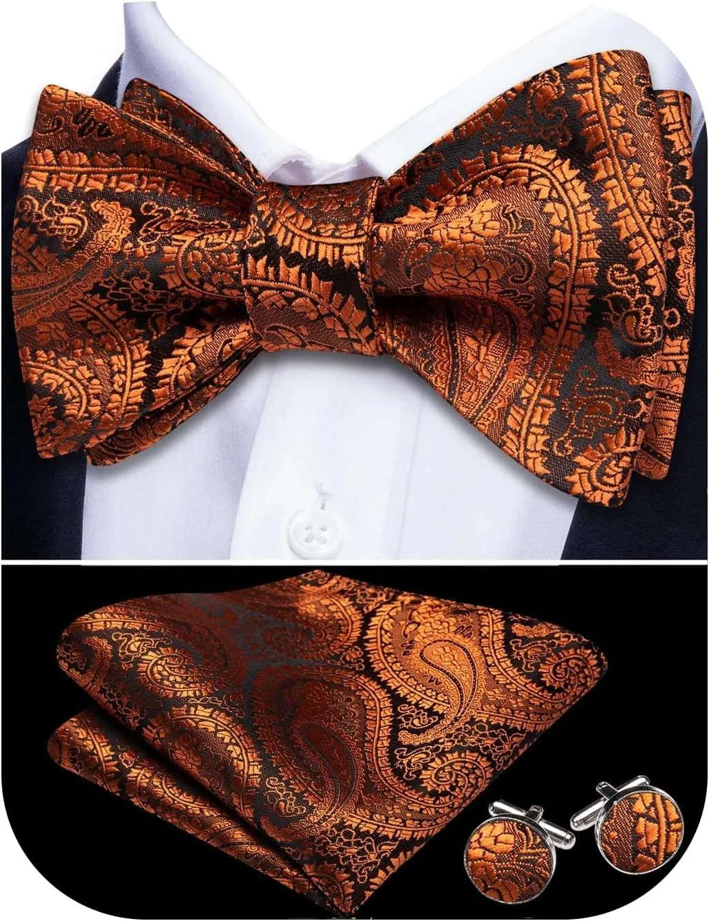 YOHOWA Bow Ties for Men Paisley Self Tie Bowtie Pocket Square Cufflinks Set Classic Woven Formal Wedding Tuxedo Party