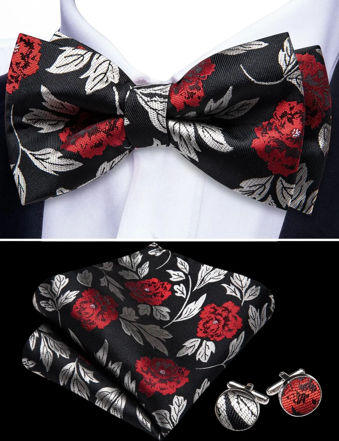YOHOWA Mens Bow Tie Set Paisley Coloful Pre-tied Bowties Adjustable with Handkerchief Cufflinks Wedding Prom Party