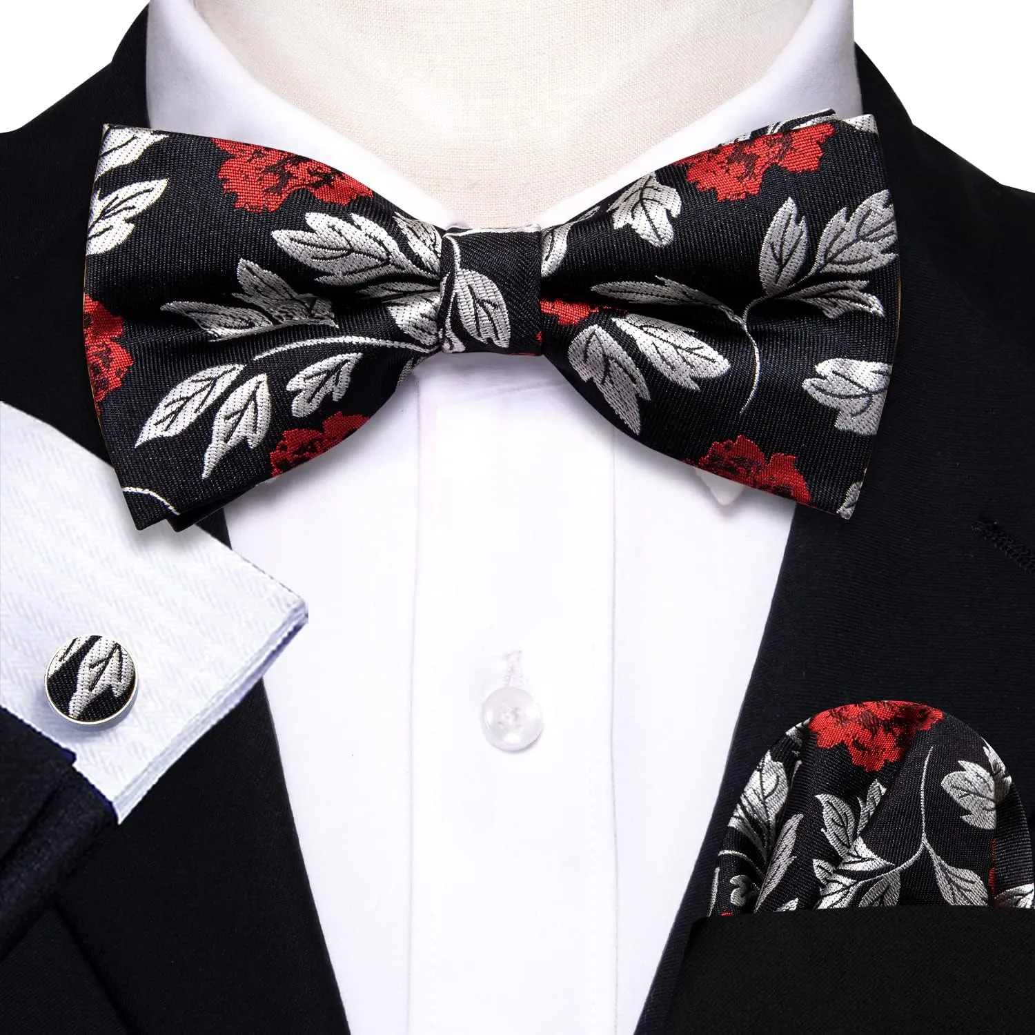 YOHOWA Mens Bow Tie Set Paisley Coloful Pre-tied Bowties Adjustable with Handkerchief Cufflinks Wedding Prom Party